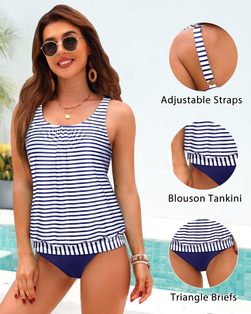 Yonique Blouson Tankini Swimsuits for Women Loose Fit Modest Two Piece Bathing Suits Blue and White M - Image 2
